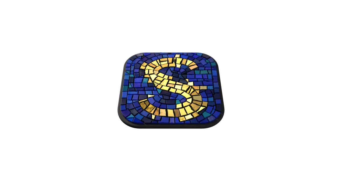 The Smalti icon: a rounded tablet of dark grout set with ultramarine and cobalt glass tiles, with an S laid in gold-leaf tiles, seen at an angle.