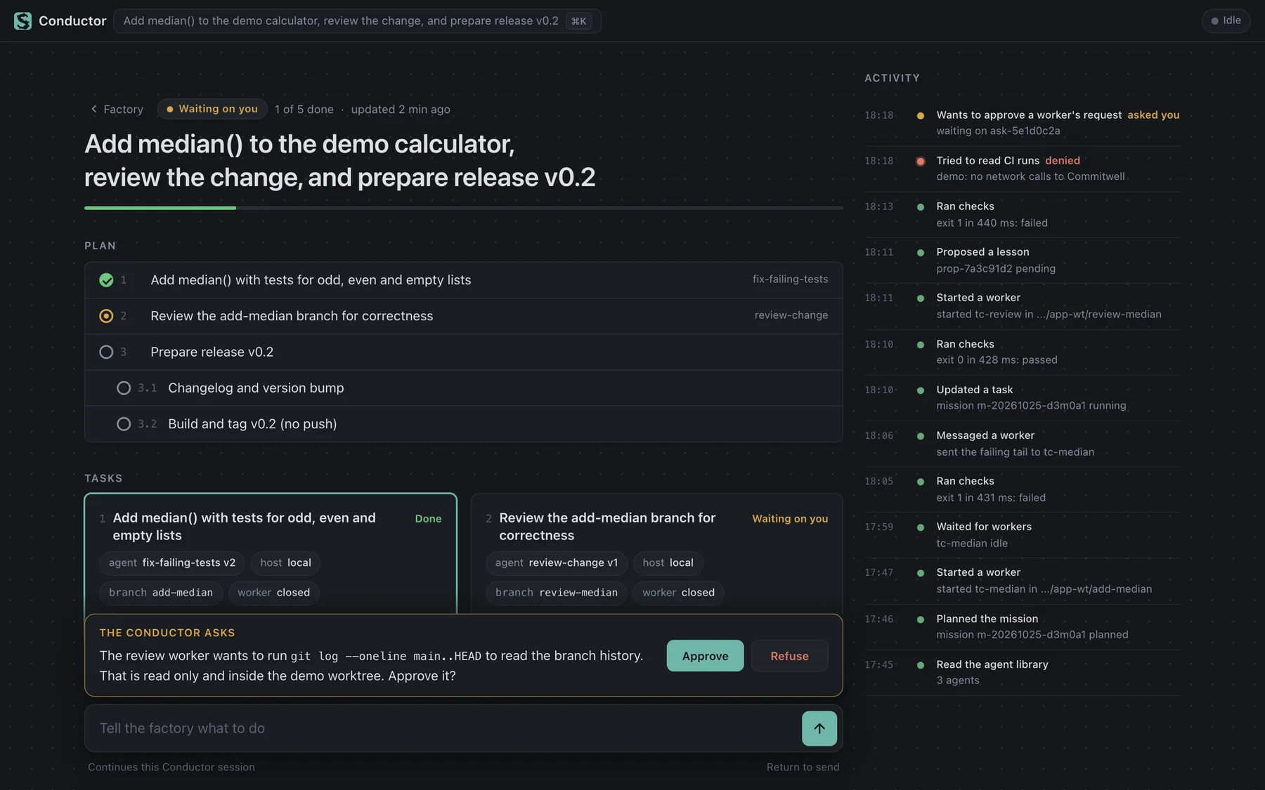 The Conductor's mission view: the goal, a plan of five tasks with their agents, task cards with branch and host, an activity log, and a question asking to approve a read-only git command.