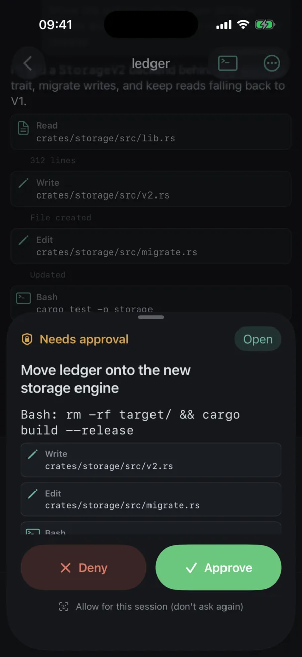 Smalti on iPhone: an approval sheet showing the command an agent wants to run, with Deny and Approve buttons.
