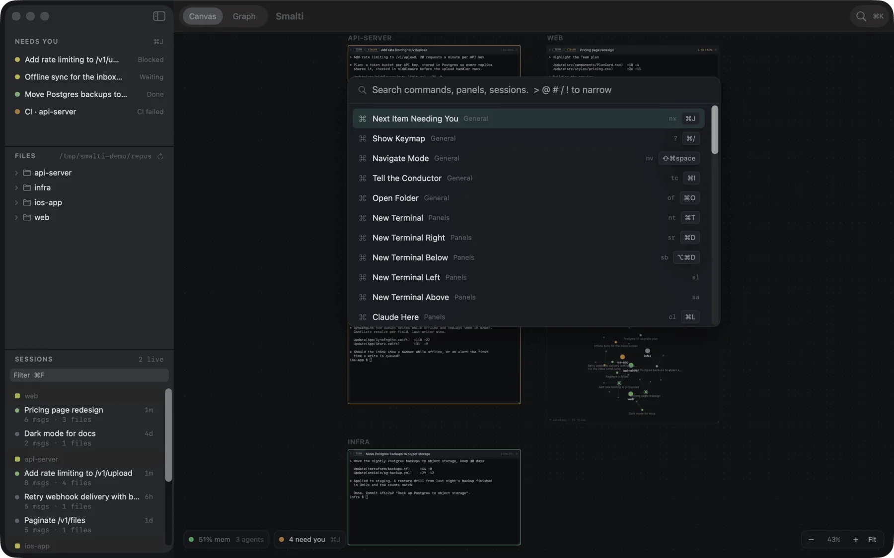 The command palette open over the canvas, listing commands with their shortcuts, panels and sessions.