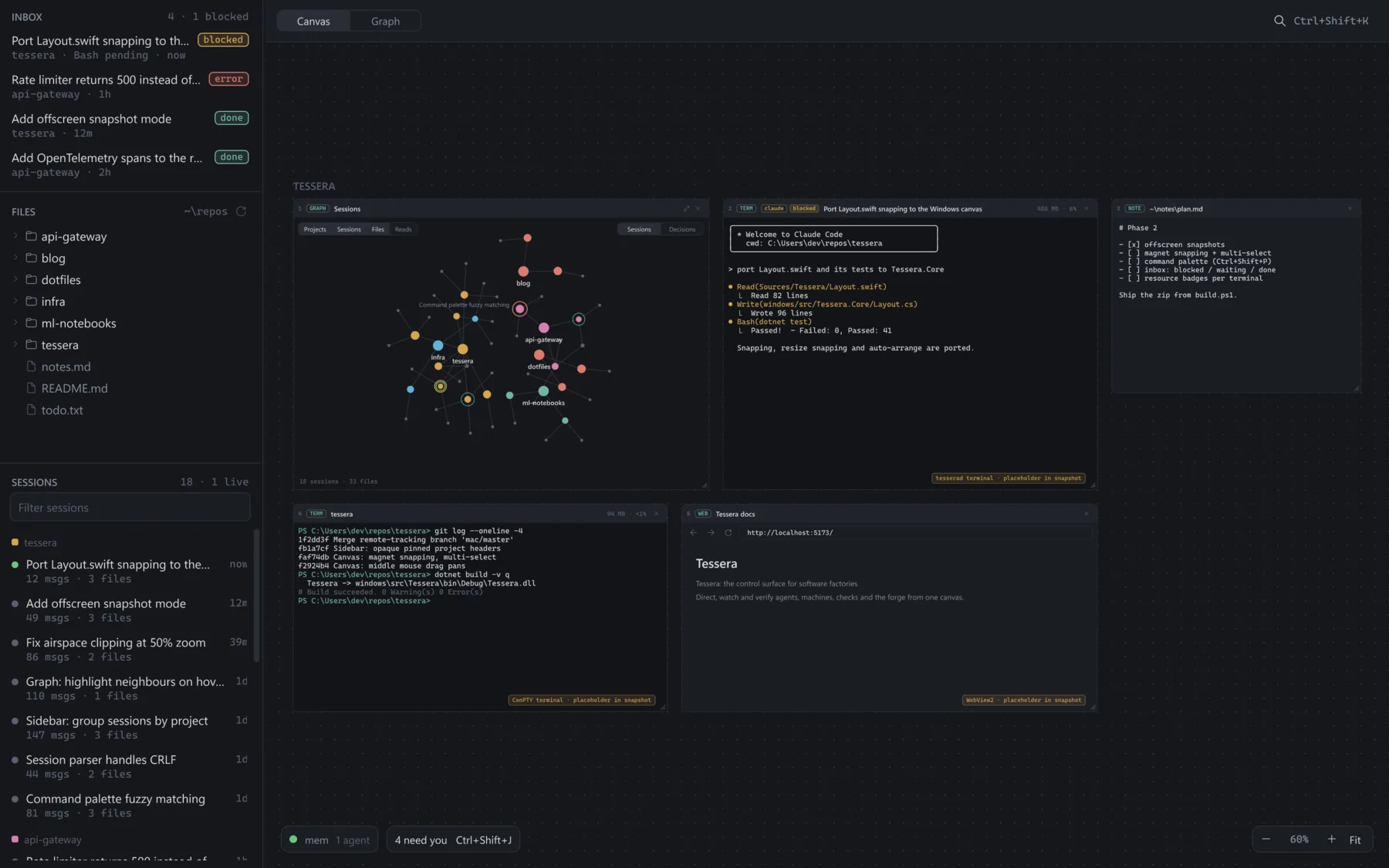 Smalti on Windows: the canvas with terminals, a session graph and a browser, and the sidebar with the inbox, files and sessions.